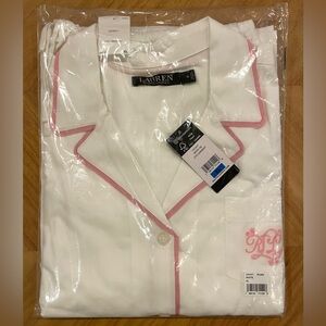 Lauren Ralph Lauren Women's White & Pink Cotton Herringbone Boxer Sleep Set, XL